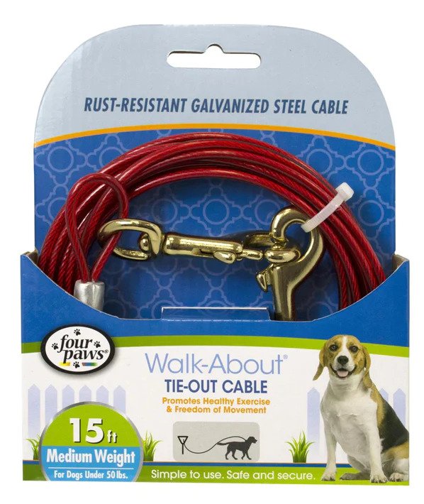 Four Paws Walk-About Tie-Out Cable Medium Weight for Dogs up to 50 lbs - 15' Long