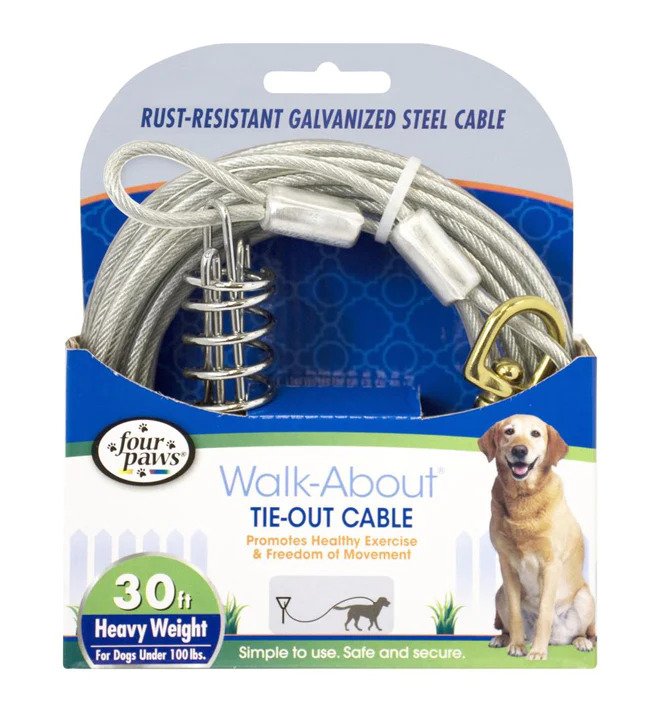 Four Paws Walk-About Tie-Out Cable Heavy Weight for Dogs up to 100 lbs - 30' Long