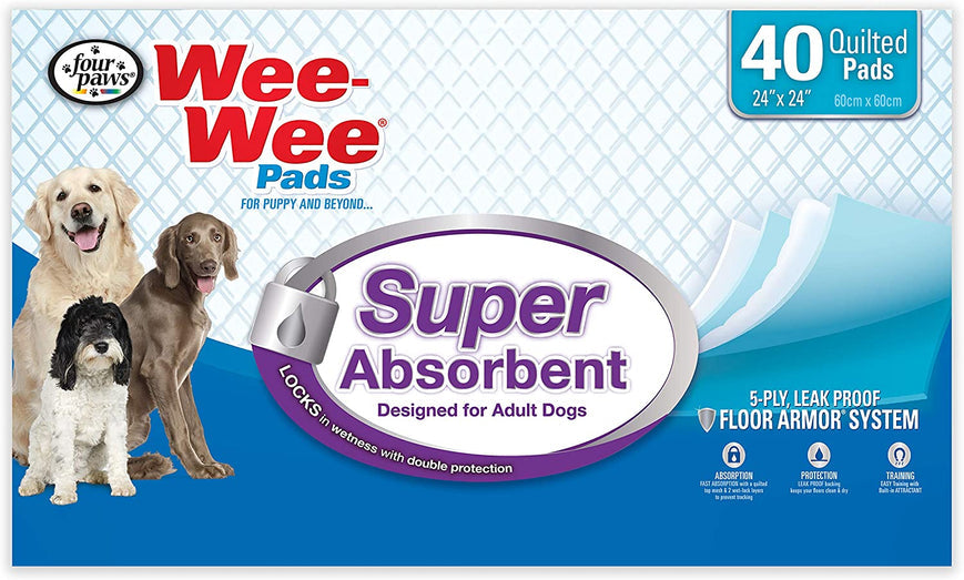 Four Paws Wee Wee Pads - Super Absorbent-  40 Pack - (24"L x 24"W)
