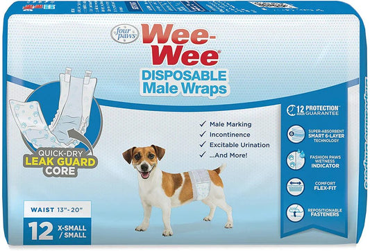 Four Paws Wee Wee Disposable Male Dog Wraps- X-Small/Small