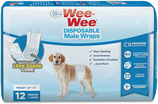 Four Paws Wee Wee Disposable Male Dog Wraps Medium/Large - 12 Pack (Fits Waists 15"-29.5")