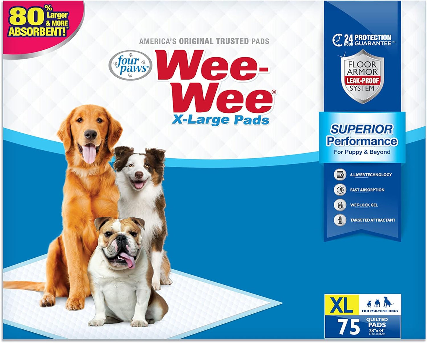 Four Paws X-Large Wee Wee Pads 28" x 34" 75pc