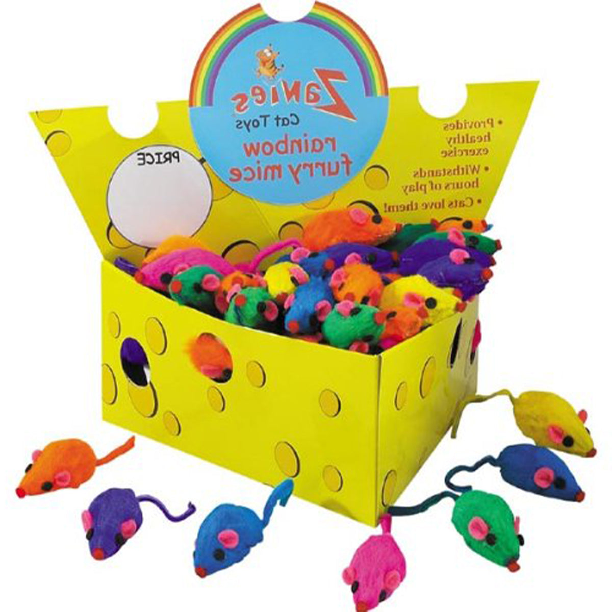 Box of 60 Zanies Real Fur Rattling Rainbow Mice in Cheese Box - 3"