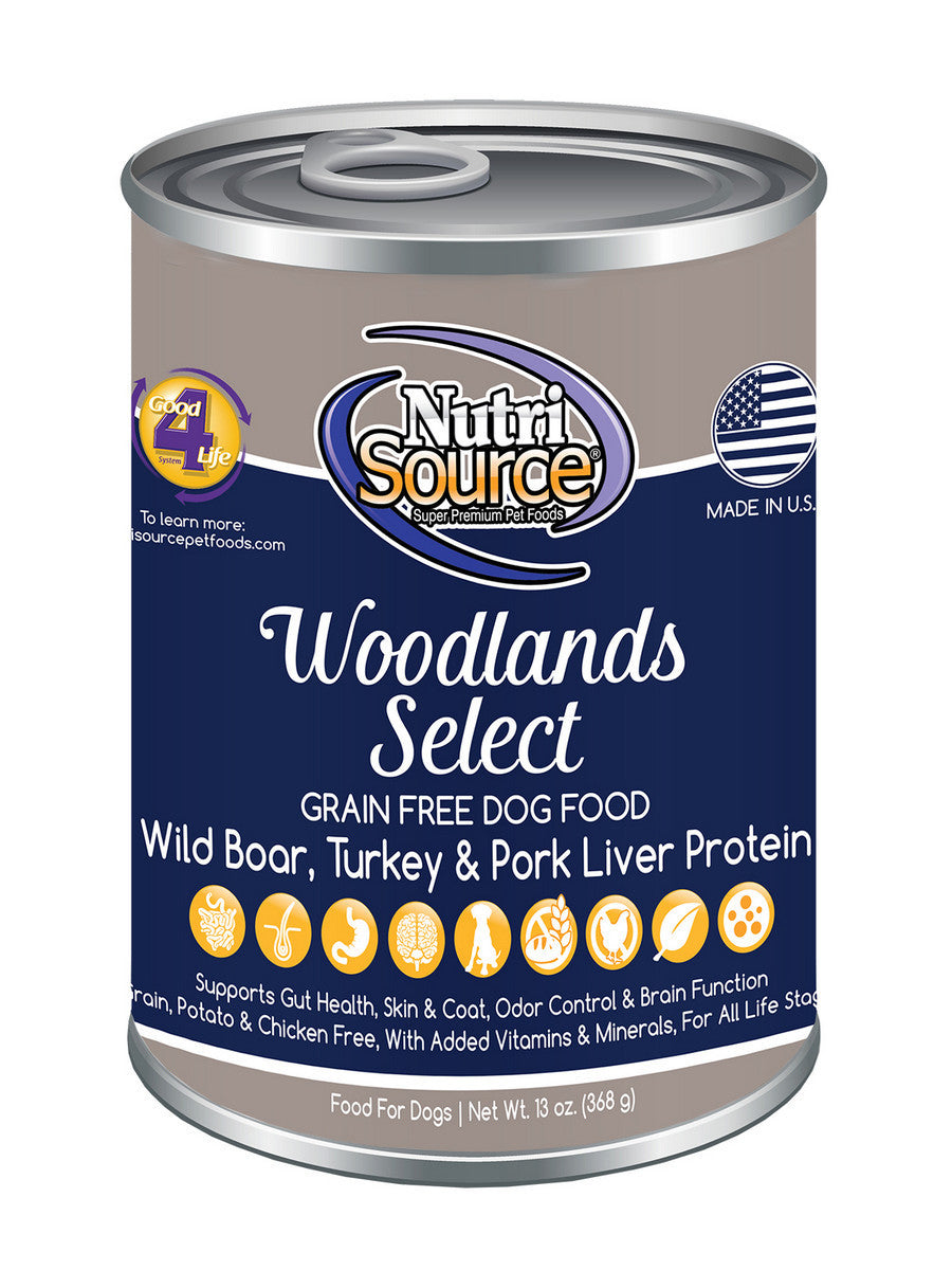 NutriSource Grain Free Woodlands Select Wild Boar, Turkey & Pork Liver Canned Dog Food  - 13 oz- Pack of 12