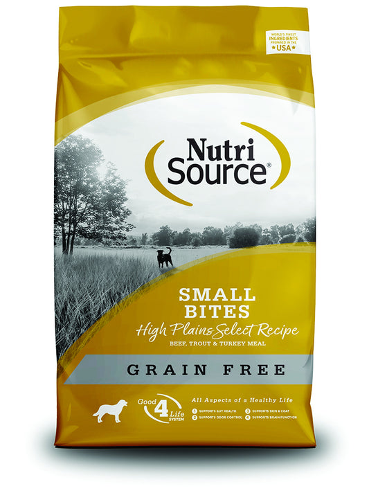 NutriSource Grain Free High Plains Select Small Bites Made with Beef, Trout and Turkey Meal Dog Food - 5LB