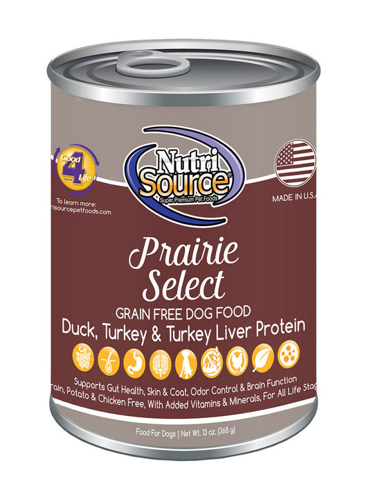 NutriSource Grain Free Prairie Select Duck, Turkey & Turkey Liver Canned Dog Food- 13oz- Pack of 12