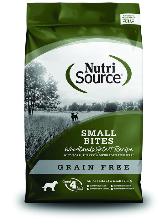 NutriSource Grain Free Woodlands Small Bites Made with Wild Boar, Turkey and Menhaden Fish Dog Food - 15LB