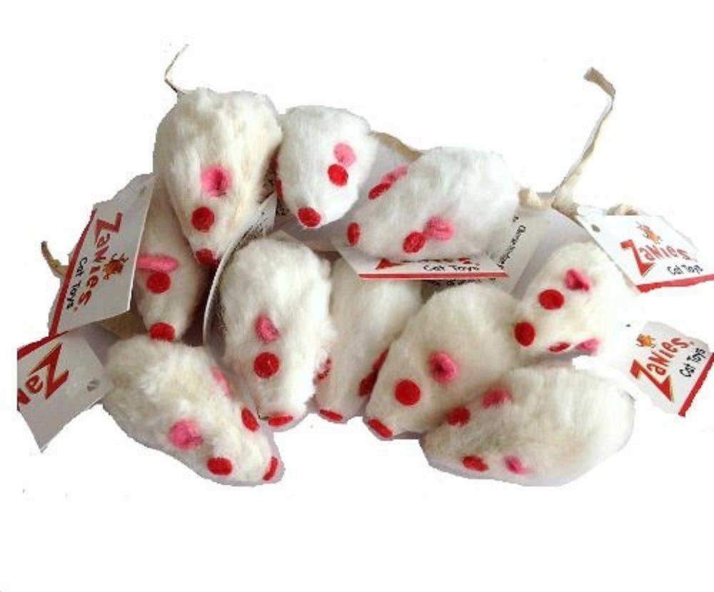 10 Realistic White Mice Cat Toys with Real Rabbit Fur by Zanies - 3"