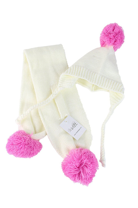 Midlee Small Cream & Pink Pom Pom Dog Hat & Scarf