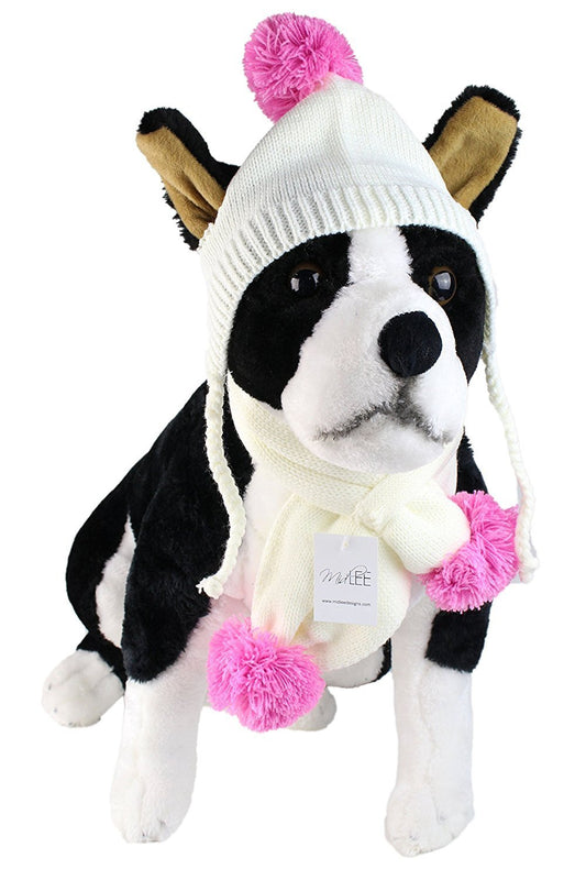 Midlee Small Cream & Pink Pom Pom Dog Hat & Scarf