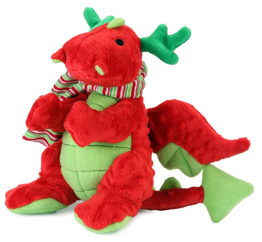 goDog Reindeer Holiday Dragon Tough Plush Dog Toy with Chew Guard Technology, Large, Red