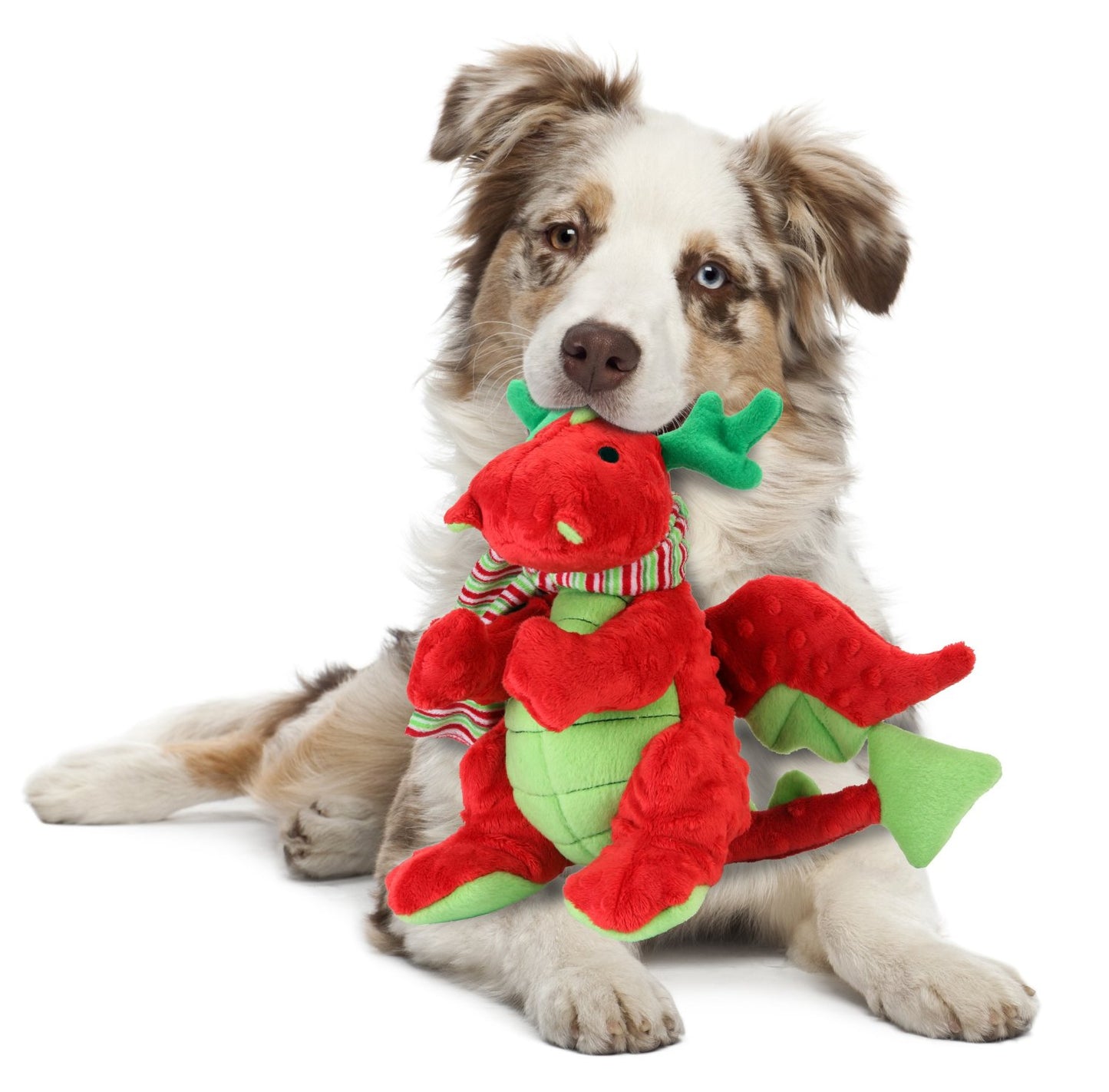 goDog Reindeer Holiday Dragon Tough Plush Dog Toy with Chew Guard Technology, Large, Red