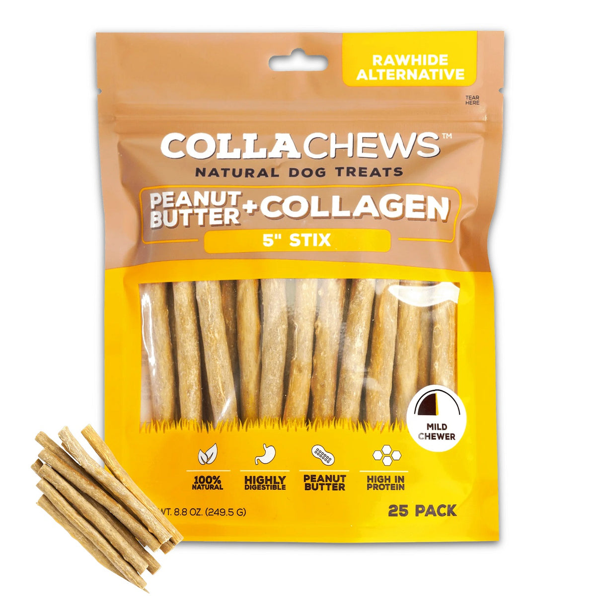 CollaChews Peanut Butter & Collagen Rawhide Free 5" Stix Dog Treat - 25 Pack Bag