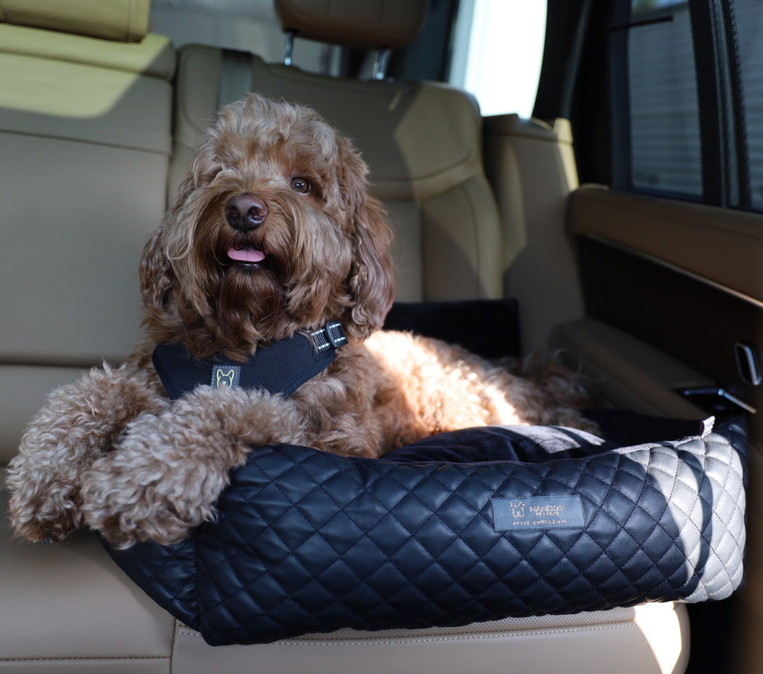 Nandog Pet Gear Luxury Quilted Vegan Leather Black Dog Car Seat Bed