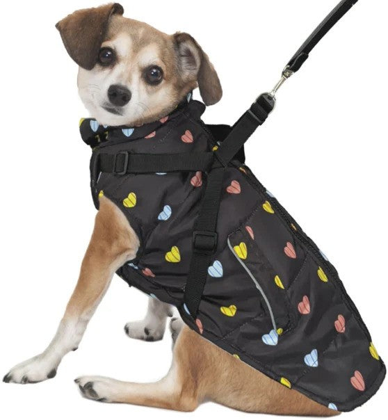 Fashion Pet Puffy Heart Harness Coat Black (Medium)