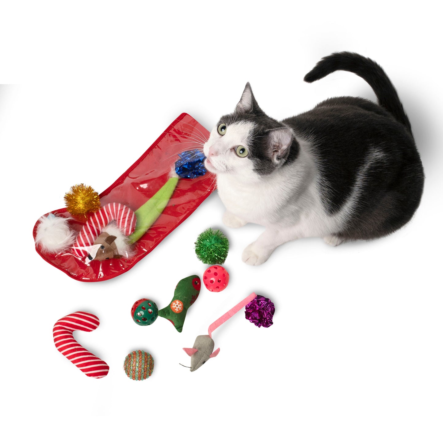 Midlee Christmas Stocking Cat Toy Gift Set (14 Toys)- Candy Canes, Bells, Mice Kitten Holiday Toys