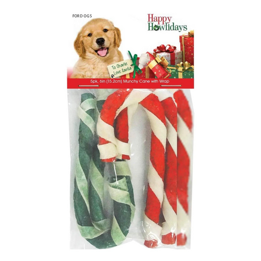 Pet Factory Munchy Christmas Candy Cane with Wrap Rawhide Dog Chew 5pk 6"