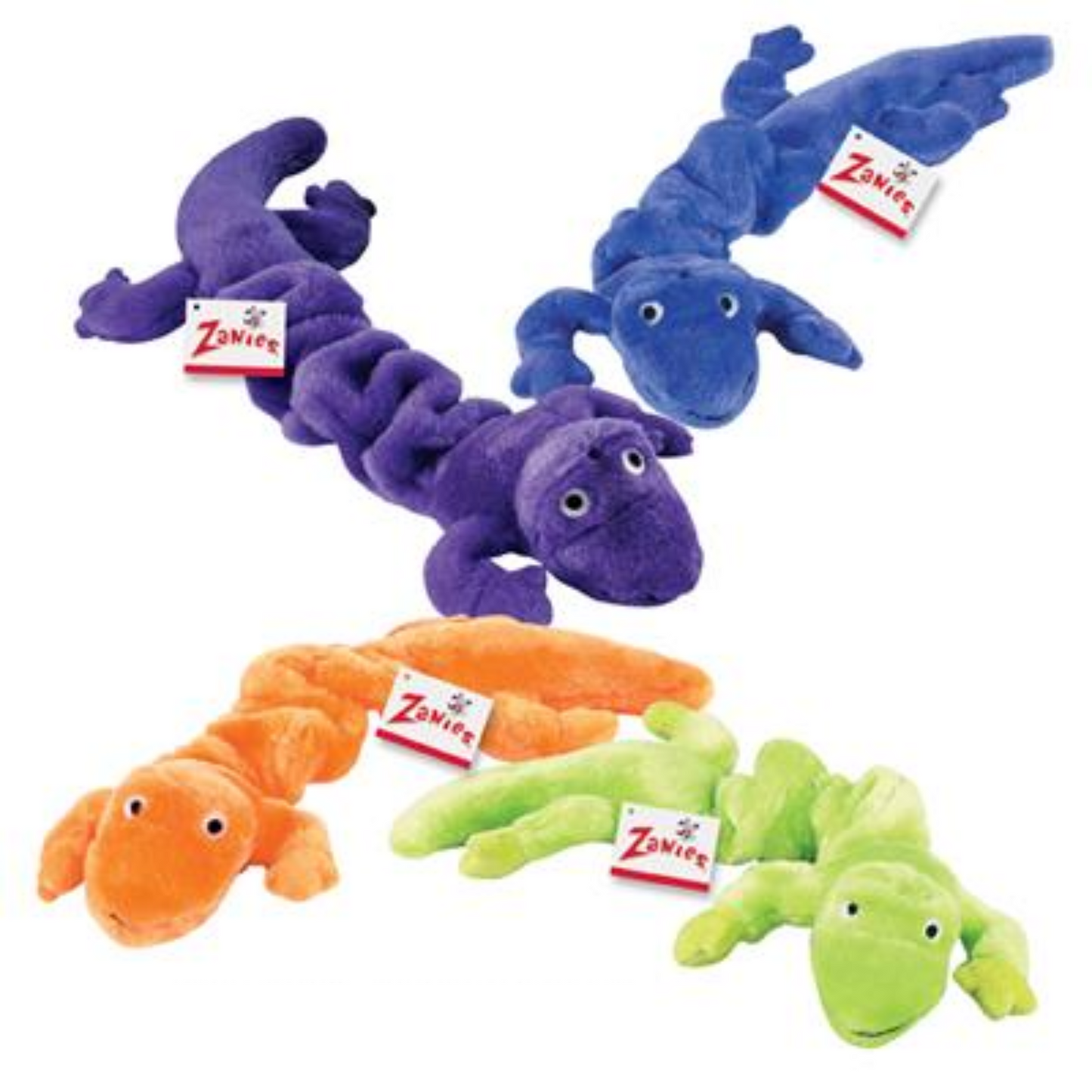 Zanies Plush Bungee Geckos Dog Toy, 16-inch, Bundle of 4 (Blue, Neon Green, Orange, and Purple)