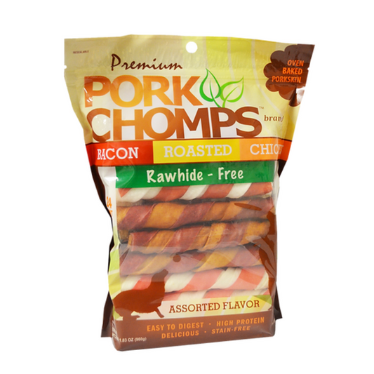 Pork Chomps Premium Assorted Pork Twistz - Bacon, Roasted & Chicken Flavors - DS