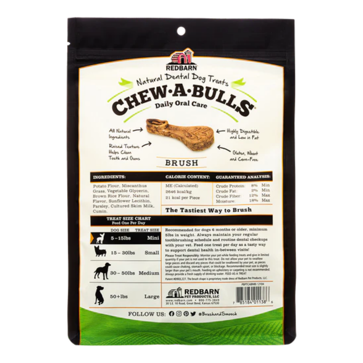 Redbarn Pet Products Chew-A-Bulls Brush Dental Dog Treats Mini - DS