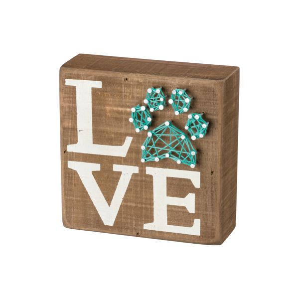 Primitives by Kathy Box Sign - Pet Love with String Art Paw Print - 5 inch square