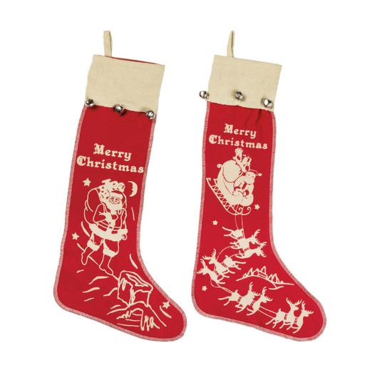 Primitives by Kathy Merry Christmas Vintage Style Large Felt Stockings with Bell Set of 2,Red