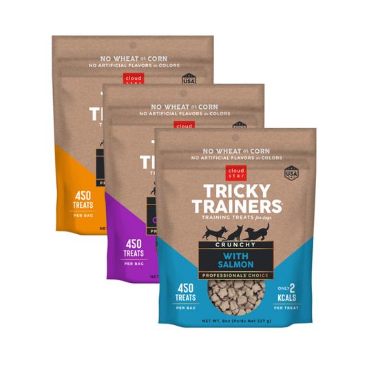 Cloud Star Crunchy Tricky Trainers Training Treats for Dogs Variety 6 Pack - 2 Cheddar - 2 Liver - 2 Salmon - 8 oz Each