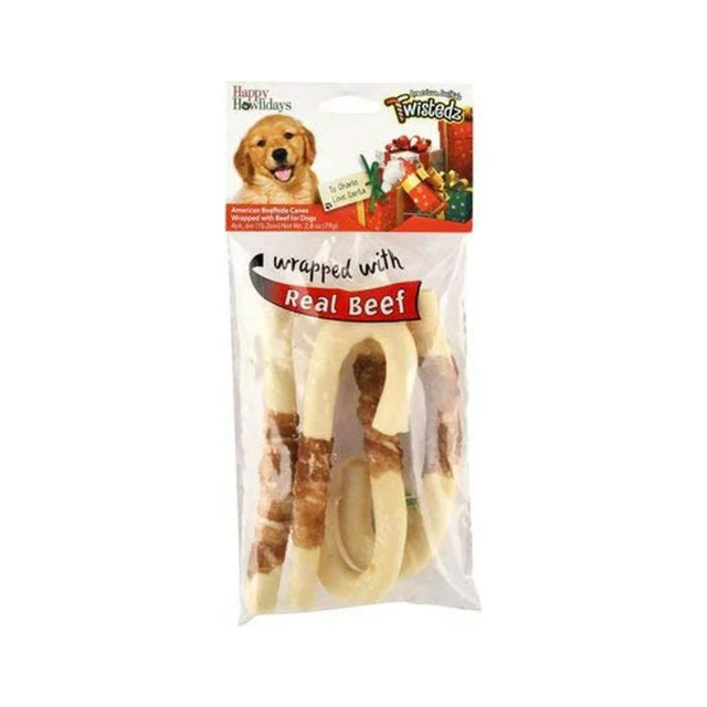 Holiday Twistedz Beefhide Dog Candy Cane w/Beef Meat Wrap 4pk 6"