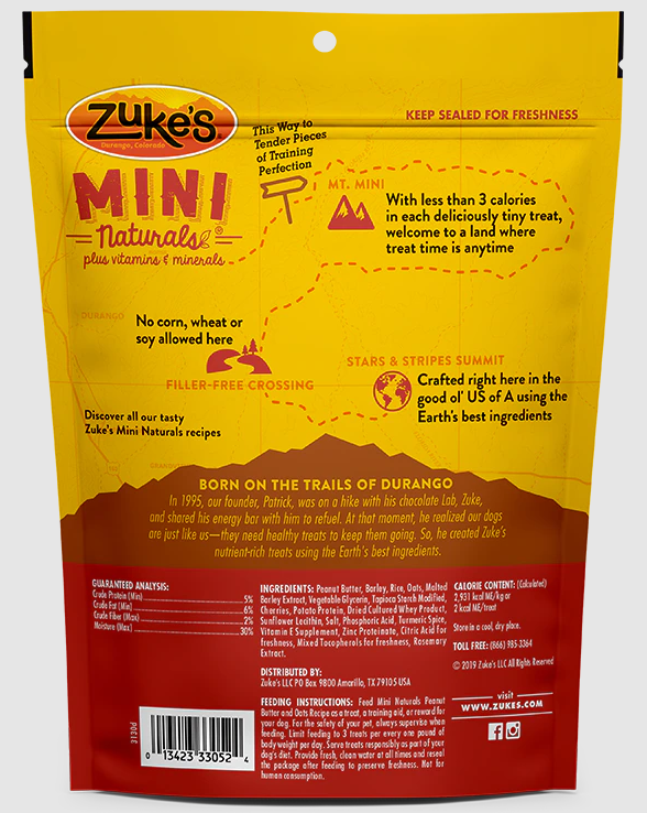 Zukes Mini Naturals Dog Treats - Peanut Butter & Oats Recipe- 1lb